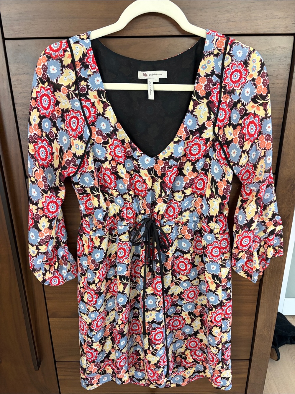 BCBGeneration Floral V-Neck Mini Dress in Red, Blue & Yellow